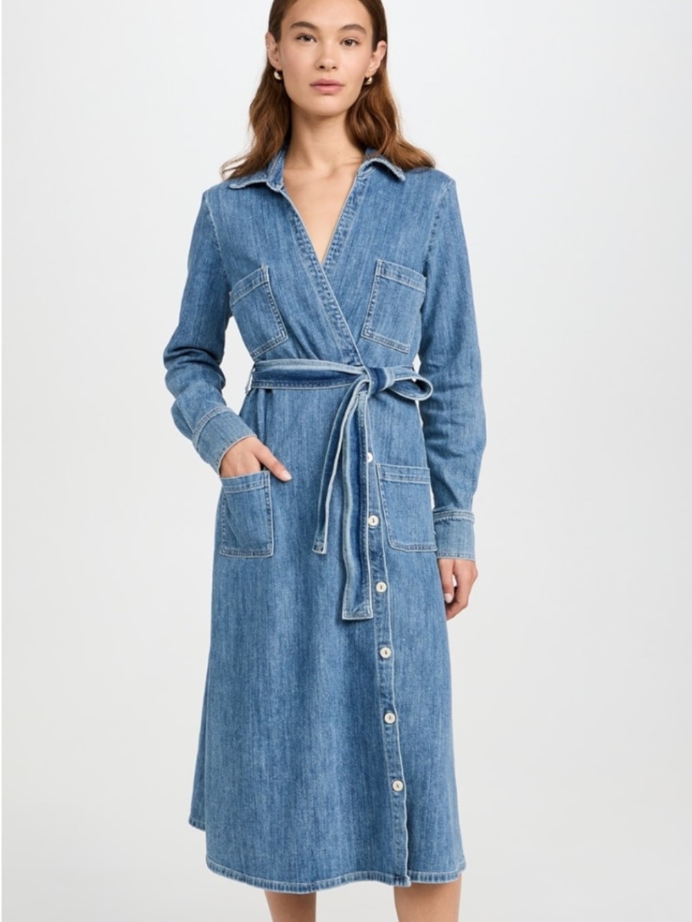 Le Jean Misty Denim Midi Dress XS Blue Long Sleeve Collared Wrap Boho Preppy USA